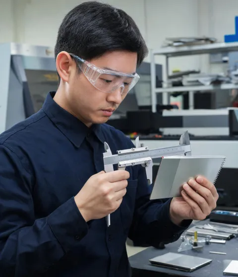 Laser applications engineer reviewing a cut sample