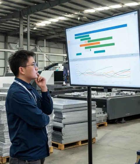 Production planner reviewing laser cell data