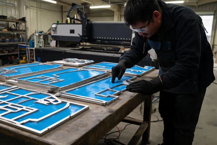 Laser-cut stainless signage panels in fabrication