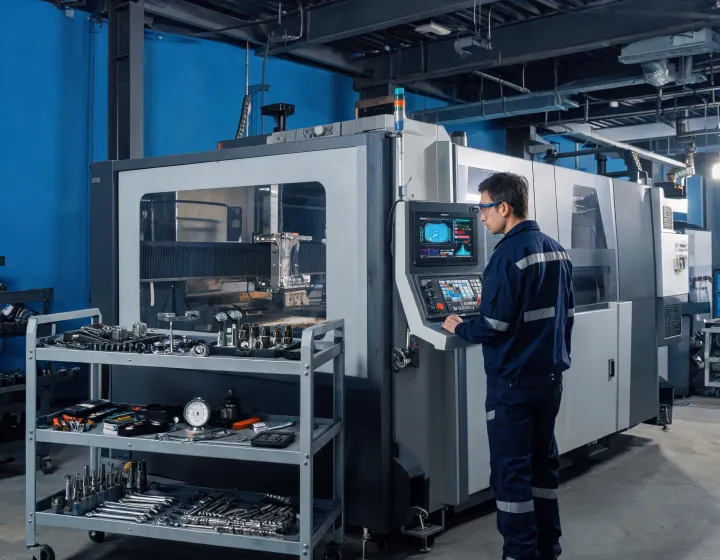 Bystronic service engineer reviewing laser machine diagnostics