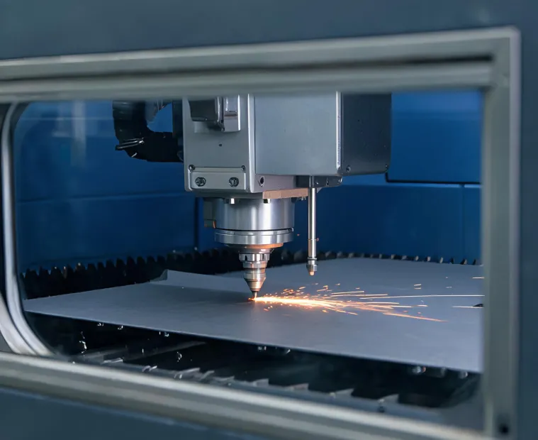 Fiber laser cutting head and sheet process close-up